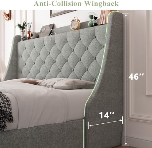 Feonase Queen Size Bed Frame with 4 Storage Drawers, Upholstered Storage Bed with Charging Station, Tufted Wingback Headboard, No Box Spring Needed, Light Grey, FEO737