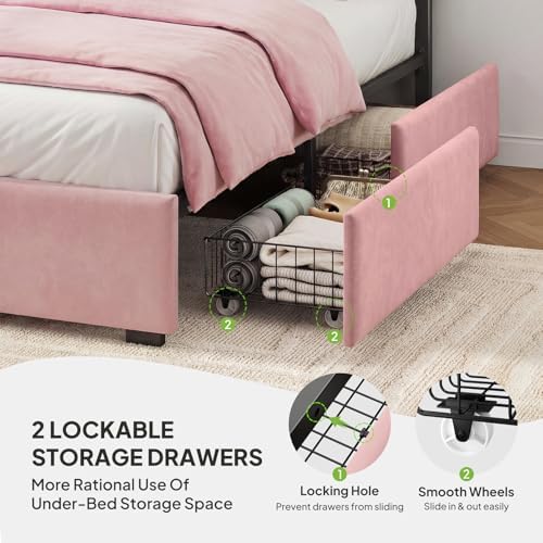 Welzona Full Size Upholstered Bed Frame with Headboard & 2 Drawers, Pink