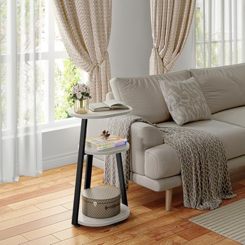 Kalrin Side Table, Small End Table with Metal Frame, 3-Tier Bedside Tables, Round Side Tables for Living Room Bedroom Couch Bathroom, Oval, White Maple