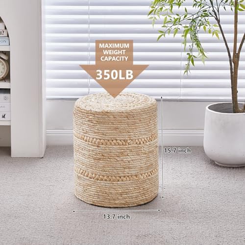 14" Natural Beige Corn Footstool Handwoven Round Pouf Ottomans Accent Seat