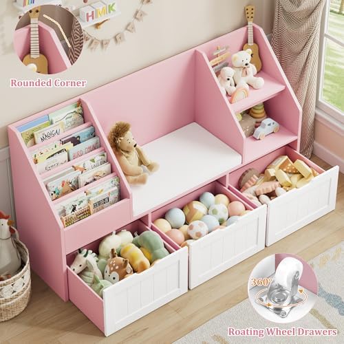 FOTOSOK Kids Bookshelf with Reading Nook, Toy Storage with Seat Cushion