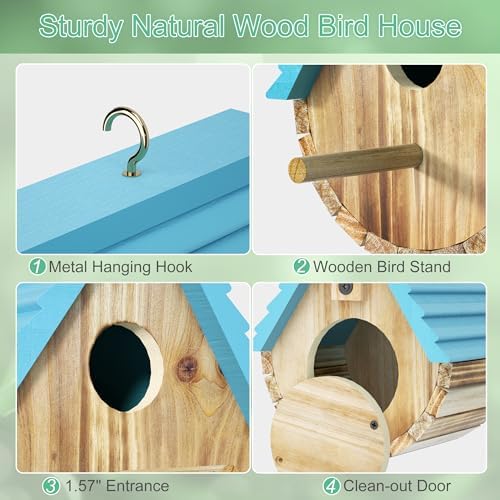 Auslar Bird Houses for Outside, Hanging Wooden Birdhouse for Outdoors, Blue