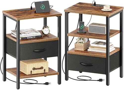 SUPERJARE Nightstand Set of 2 with Charging Station, USB-C Port, End Tables