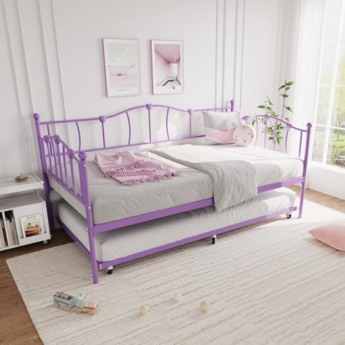 GarveeHome Twin Daybed with Trundle, Metal Sofa Bed Frame with Steel Slat Support, Twin Size Space-Saving Furniture for Living Room, Bedroom, Love Heart Design, No Box Spring Needed, Purple
