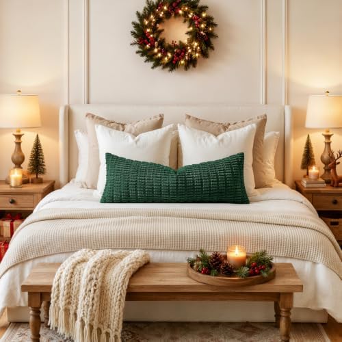 MIULEE Christmas Lumbar Corduroy Pillow Cover for Bed 14x36 Dark Green