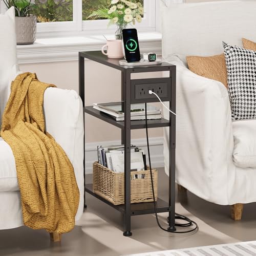 End Table with Charging Station, 3-Tier Side Table for Small Space, Skinny Nightstand with USB/Type C Port and 2 Outlets, Slim Sofa Beside Table for Living Room, Bedroom and Balcony, Black