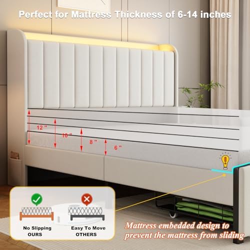 Full Size Bed Frames with Storage Headboard and 2 Drawers, Upholstered Platform Bed Frame Full with Led Lights and Handy Charging Station, No Box Spring Needed, Easy Assembly, Noise Free, Beige