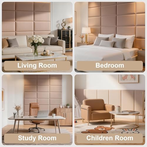 Fromann Upholstered Wall Mounted Headboard for Queen/TXL/King Size Beds, Peel and Stick Headboard 23.6" x 11.8"/PC, Interior Wall Panels for Bedroom Study, Headboards Only (6, Light Brown)