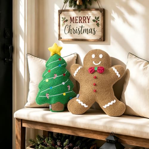 AELS Gingerbread Man Pillow with Bow, 17.7" Christmas Throw Pillow