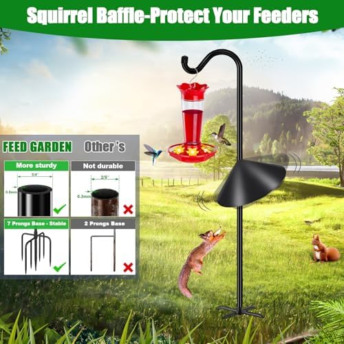 FEED GARDEN 92’’ Bird Feeder Pole Squirrel Proof 1 Pack, Adjustable Tall Shepherds Hooks for Outdoor with 7 Prongs Base, Heavy Duty Shepherd Hook with Baffles, Pole for Bird Feeder, Plant Baskets