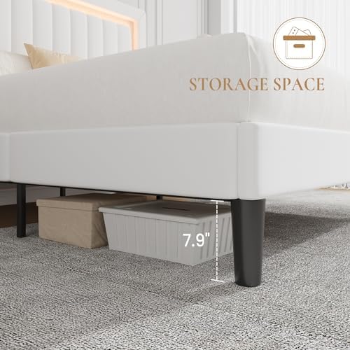 SHA CERLIN Queen Size Velvet Bed Frame with LED Light, White