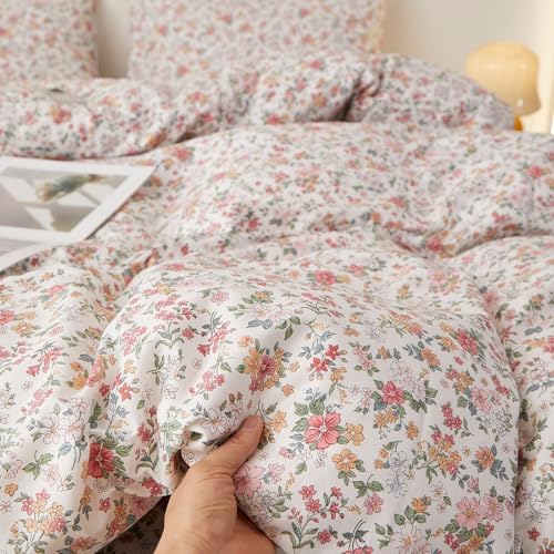 HighBuy Farmhouse 100% Cotton Duvet Cover Full Size 3PC,Soft Pink Floral Comforter Cover with 2 Pillowcases,Vintage Flowers Coquette Bedding Set Duvet Cover Set for College Girls Women