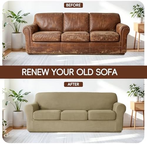 4 Pieces Stretch Couch Covers for 3 Cushion Sofa Cover Decorative Sofa Slipcover Non Slip Washable Thick Soft Elastic Furniture Protector for Pets,(Large, Sand)