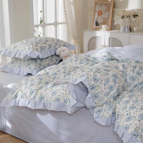 Blue Floral Duvet Cover Full Size - 100% Cotton Dandelion Flower Comforter Cover with Romantic Ruffle Lace, Coquette Aesthetic Floral Bedding Set Wildflower Botanical Duvet Cover with Zipper Closure
