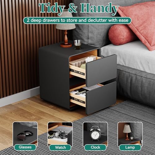 15.8" W Faux Leather Narrow Nightstand, Modern Fully-Assembled Bedside Table with 2 Drawers, Wood Night Stand Small Accent End Table & Side Table for Bedroom, Black