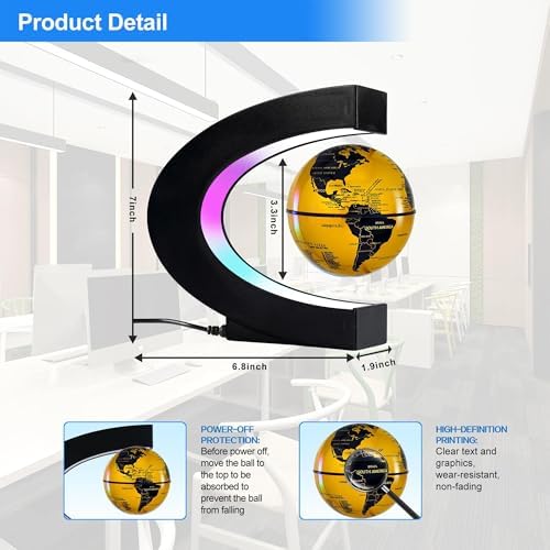 Magnetic Levitation Floating Globe, Levitating C Shape Golden Globe with LED Lights for Education Home Office Desk Decor, Holiday Anniversary Creative Gift(3.3 Inches)