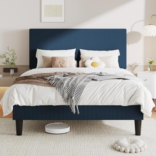 Allewie Full Bed Frame, Corduroy Tufted Headboard, Dark Blue