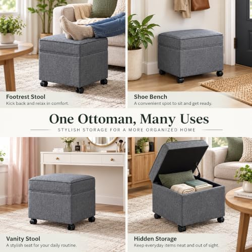 Adeco 17.5" Square Fabric Ottoman with Storage, Upholstered Cotton Linen Foot Rest, Flip Top Footstool, Small Cube Coffee Table Extra Seat for Living Room, Bedroom, Grey with Rolling Legs