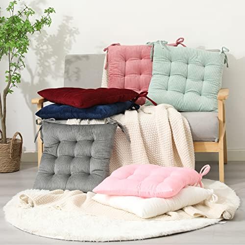 HLOVME Corduroy Chair Cushion with Ties Ultra Soft Warm Floor Cushion for Kids Reading Nook Comfortable Square Seat Cushion for Adult 15.7”x15.7” Set of 2, Green
