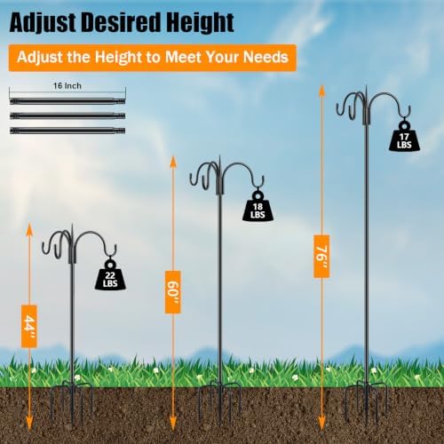FEED GARDEN Heavy Duty Shepherds Hook 76" Triple Hooks - Metal 5-Prong Base, Adjustable (44/60/76") - 17lb Capacity Bird Feeder Pole for Hanging Plants, Solar Lanterns, Wind Chimes, 1 Pack