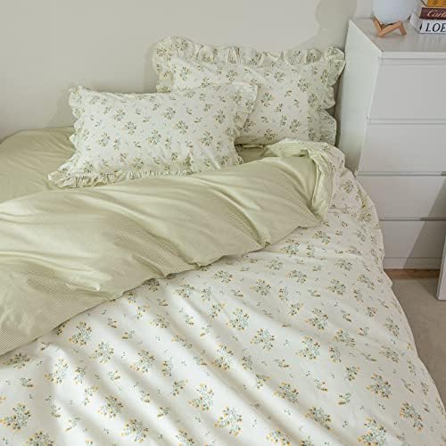 Romantic Green Ruffle Duvet Cover Cotton Queen(90"x90"),Yellow Floral