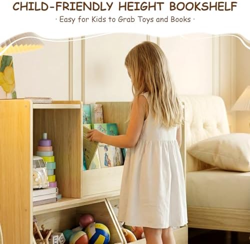 EXPERLAM Solid Wood Kids Bookshelf and Toy Storage Organizer, 3-in-1 Montessori Bookcase with Storage Cubbies and 2 Rolling Toy Bins, Toddler Bookshelf for Kids Room, Playroom, Nursery