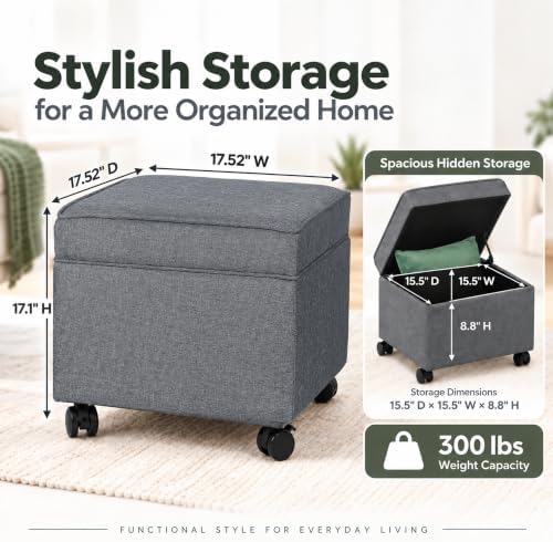 Adeco 17.5" Square Fabric Ottoman with Storage, Upholstered Cotton Linen Foot Rest, Flip Top Footstool, Small Cube Coffee Table Extra Seat for Living Room, Bedroom, Grey with Rolling Legs