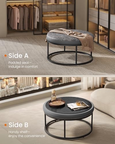 SONGMICS Home Ottoman, Round Coffee Table, Reversible Top, Steel Frame