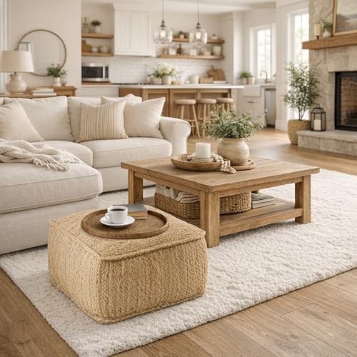 Casafield Braided Jute Pouf, Large Square Pouf Ottoman, 22" W x 22" D x 14" H Woven Jute Footrest, Decorative Indoor Boho Home Accent for Living Room