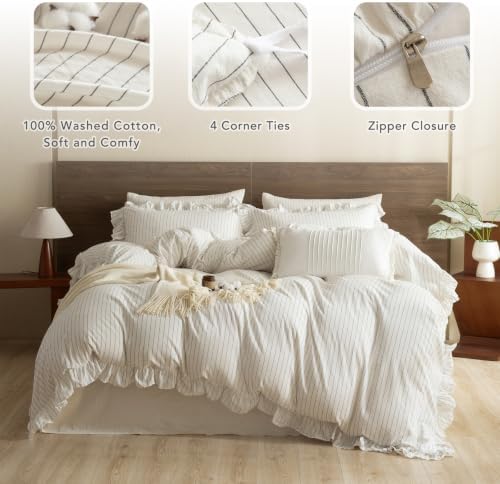 Striped Ruffle Duvet Cover Set Twin,2PCs Washed Cotton White Dark Grey Wide Stripes Ruffled Bedding Comforter Cover Extra Soft Lightweight Farmhouse Chic Quilt Cover Set Twin with Pillow Shams