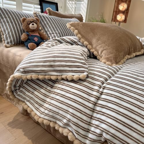 AOJIM Milk Velvet Duvet Cover Set Twin XL 3Pcs Retro Brown Striped Bedding