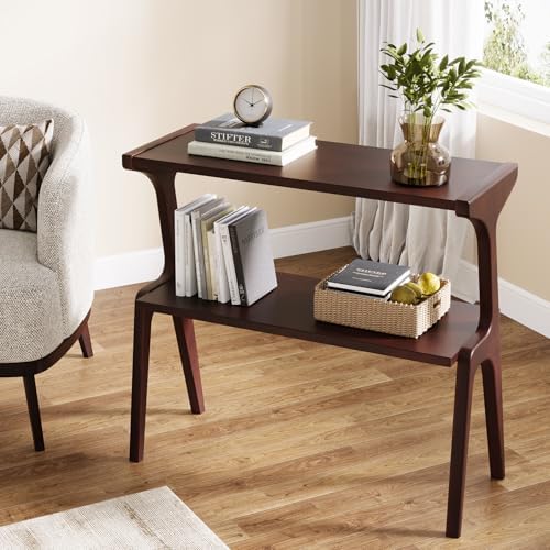 Tribesigns Solid Wood End Table, 2-Tier Farmhouse Side Table with Storage Shelves, Slim Side Table for Couch with Unique Legs, Long Bedside Table for Bedroom, Living Room, Burgundy