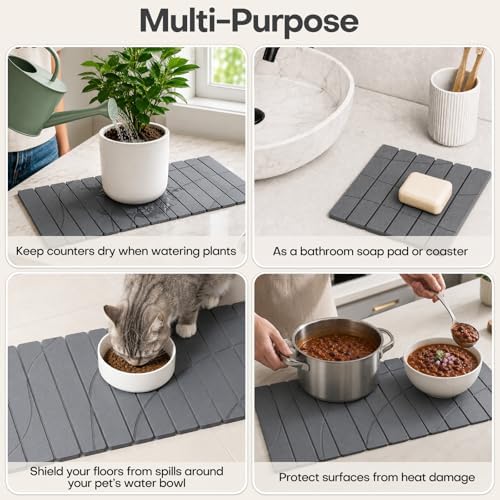 Extra Large Stone Dish Drying Mat for Kitchen Counter, Quick Dry Stone Dish Mats, Foldable Water Absorbing Diatomaceous Drying Pad for Countertop Bottles Utensils Bathroom (Flow Line Gray 32"x16")