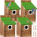 Dreyoo 4 Pack Bluebird Houses for Outside with Metal Predator Guard, 1-1/2" Entrance Hole Wooden Blue Bird Houses for Outdoors, Bluebird Nesting Box (Green Roof, Burnt Wood Body)