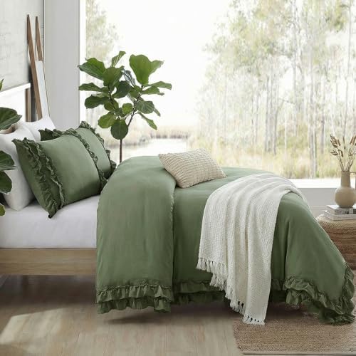 Avocado Green Duvet Cover Ruffled Bedding Set Pleated Ruffle Fringe Shabby Chic Bedding Twin Size Super Soft Cozy Boho Bedroom Bedding for All Season