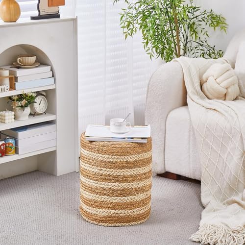 14" Boho Pouf Patio Ottomans Natural Straw Handweave Rustic Round Footstool
