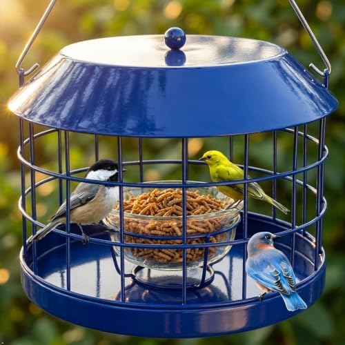 Gbekery Bluebird Feeder for Mealworms with Glass Bowl for Outdoors, Blue