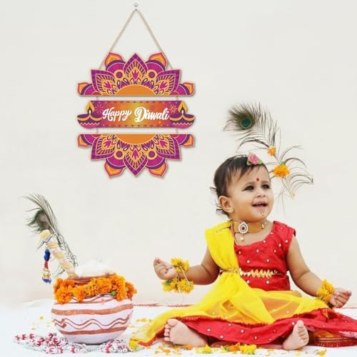 LHIUEM Happy Diwali Wooden Signs Indian Festival of Lights Door Hanging Decor Set of 3(4”X11”) Indian Wreath Garland,Dewalee Wood Wall Hanging,Diya Lotus Door Hanger Diwali Party Decor for Home Porch