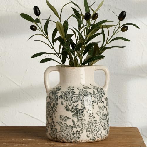 Ceramic Vase with Handles, Vintage Utensil Holder, Flower Decorative Vase Chinoiserie Decor Rustic Farmhouse Retro Floral Vases for Table Bookshelf Mantel Kitchen Living Room Office - 6.7” Gray 017