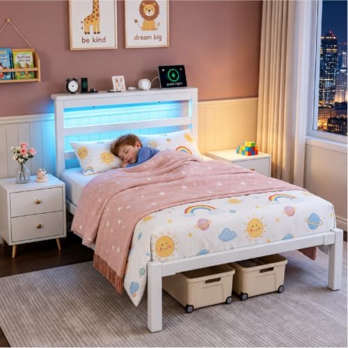 Twin Bed Frame with Charging Station and LED Lights Headboard,White