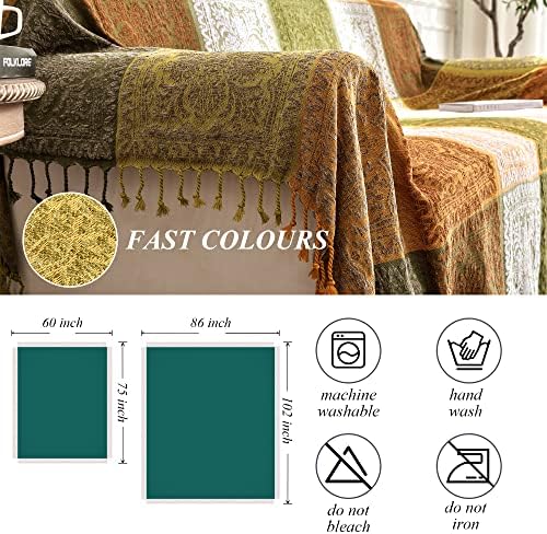Boho Couch Cover, Bohemian Throw Blanket Tassels Hippie Decor Covers Sofa Chair loveseat Furniture Bed， Bohemian Tribal Fringe slipcover (Green, 60x75)…