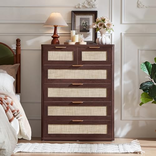 LEYAOYAO Dresser for Bedroom, 41" Tall Chest of Drawers, Modern 6 Drawers Boho Rattan Dressers with Storage, Dresser Wooden Closet Organizer for Living Room, Hallway