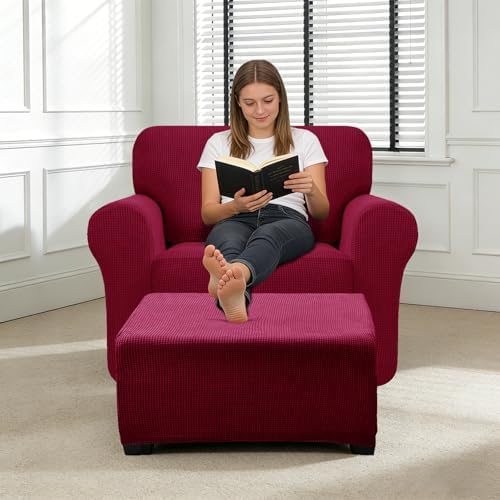 2 Piece Stretch Chair and Ottoman Cover Set, Jacquard Accent Armchair and Foot Stool Slip Cover, Non-Slip Slipcover for Chair with Footrest (Wine,2 Pieces Set)