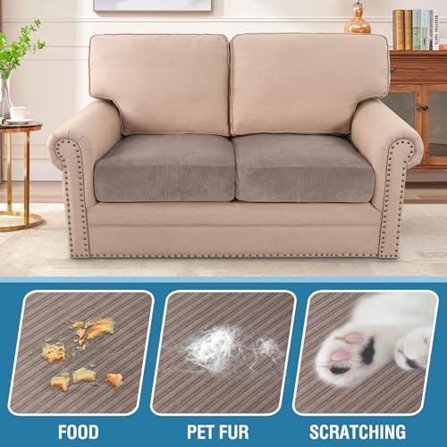 H.VERSAILTEX Velvet Stretch Couch Cushion Cover Plush Cushion Slipcover for Chair Loveseat Sofa Cushion Furniture Protector Seat Cushion Sofa Cover (2 Piece Large Sofa Cushion Covers, Taupe Striped)