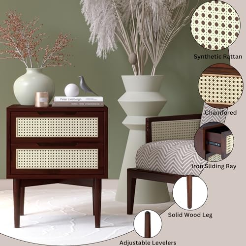Bme Oliver Solid Wood Rattan Nightstand, Bohemian & Mid Century, Walnut