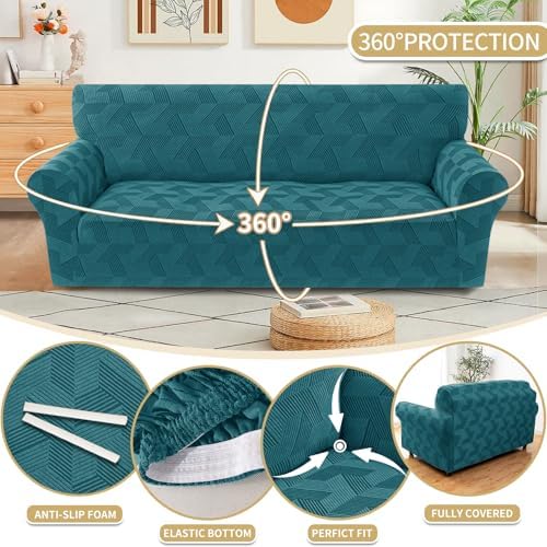 JIVINER 1 Piece Couch Cover for 2 Cushion Couch, High Stretch Loveseat Covers with Elastic Bottom, Washable Sofa Slipcovers for Dog, Pets Feature Geometrical Jacquard Fabric (Loveseat, Peacock Blue)