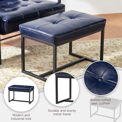 Glitzhome Ottoman Bench, Modern PU Leather Vanity Stools Chairs with Metal Frame, Makeup Stool Padded Foot Rest Stool for Living Room Vanity, Entryway, Bathroom,Navy Blue