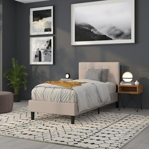 BizChair Quilted Tufted Upholstered Twin Size Headboard in Beige Fabric