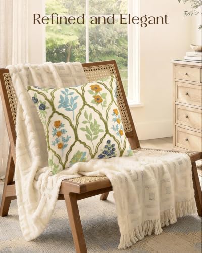 Embroidered Floral Throw Pillow Cover 18x18 Inch, Verdant Blooms
