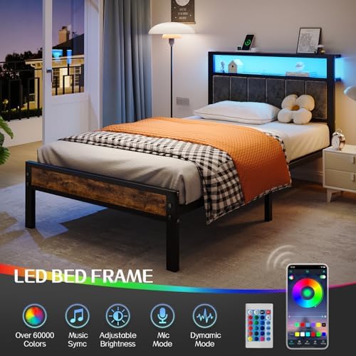 Liians Twin Size Bed Frame with LED Lights, Grey Upholstered Headboard